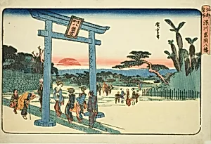 The Tomigaoka Hachiman Shrine at Fukagawa (Fukagawa Tomigaoka Hachiman), from the series "Famous Places in Edo (Koto meisho)" by Utagawa Hiroshige