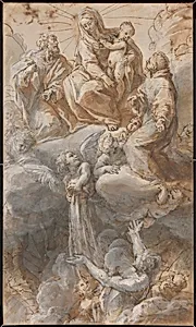 The Virgin and Saint Joseph with Saint Anthony of Padua Seated in the Heavens Interceding for the Souls in Purgatory, While an Angel Pours Fluid from a Vase onto the Crowd Below (recto and verso)
