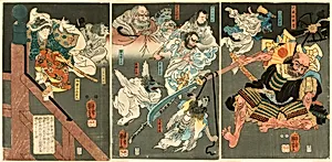 The Young Yoshitsune defeats Benkei at Gojo Bridge by Utagawa Kuniyoshi