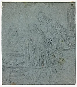 Three Men Seated at Table (recto); Woman Being Crowned by Female Attendant (verso)
