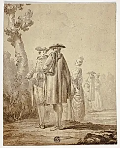 Three Musicians and Two Ladies in Outdoor Setting by Unknown