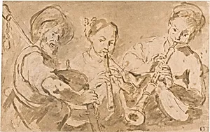 Three Musicians Playing Horns and Pipe