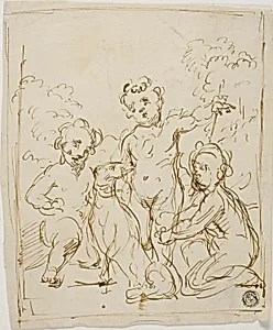 Three Putti and Dog in a Landscape