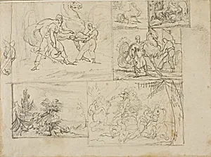 Three Studies with Sketches of a Wooded Landscape and a Cavalry Battle by Jean Louis André Théodore Géricault
