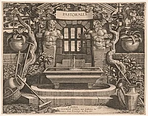 Title Plate with Rustic Fountains and Dedication, from Pastorales