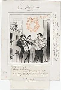Ton, ton, ton, ton, ton, t..... “- Be quiet, my wife has a headache!. - Why don't you read a drama in five acts with a similar orchestra! - Stop it... my little one gets the colic!” Ton, ton, ton, ton, taine..., plate 2 from Les Musiciens De Paris