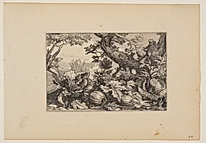 Tree and Melons, from Landscapes (Verscheyden aerdige Lanthuysen...) by Claes Jansz. Visscher