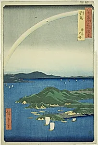 Tsushima Province: Clear Evening on the Coast (Tsushima, Kaigan yubare), from the series "Famous Places in the Sixty-odd Provinces (Rokujuyoshu meisho zue)" by Utagawa Hiroshige