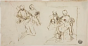 Two Composition Sketches of Collapsing Figure Supported by Two Other Figures (recto); Compositional Sketch of Kneeling Figure Accompanied by Two Other Figures