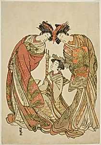 Two Courtesans Watching an Attendant Play with a Rat by Isoda Koryusai