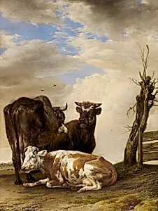 Two Cows and a Young Bull beside a Fence in a Meadow