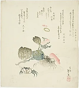 Two crabs by a spray of camellia