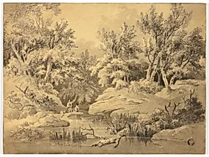 Two Figures Punting on Woodland Stream