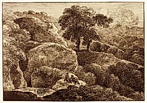 Two Figures Resting on Hillside near Two Trees