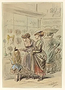 Two Ladies and Little Girl Before Hairdresser's Shop