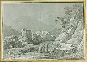 Two Monks giving Water to a Woman and Child in the Wilderness