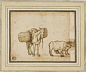 Two Sketches: Mule Carrying Baskets, Pair of Yoked Oxen