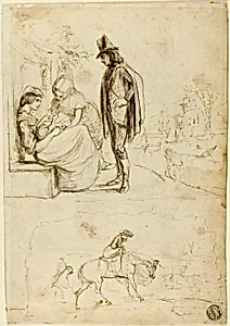 Two Sketches: Two Women and Baby with Man Looking On