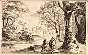 Two Travelers under Tree with Village and Bridge in Distance
