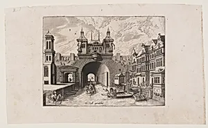 View from a canal of the gate bridge with shutters of a fortified town, street façade on the right