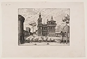 View of a castle, on the left a fortified wall, on the right a trellis-work gangway and pavilion
