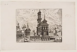 View of a castle with tower and entrance building, placed in a pond and surrounded by a garden