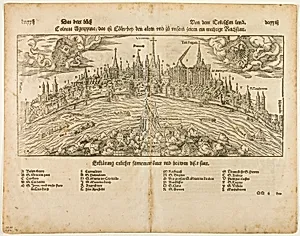 View of Cologne (recto) Man Hanged from a Tree (verso), Two leafs DCCXXI-DCCXXIIII from Kosmographie by S. Münster, plate 45 from Woodcuts from Books of the XVI Century