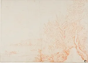 View of Harbor, with Figure and Vegetation in Foreground