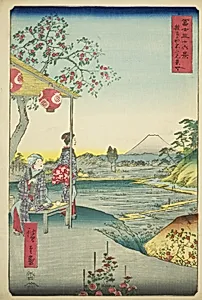 View of Mount Fuji from a Teahouse at Zoshigaya (Zoshigaya Fujimi chaya), from the series "Thirty-six Views of Mount Fuji (Fuji sanjurokkei)" by Utagawa Hiroshige