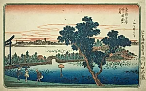 View of the Lotus Pond at Shinobugaoka (Shinobugaoka hasuike no zu), from the series "Famous Views of the Eastern Capital (Toto Meisho)" by Utagawa Hiroshige
