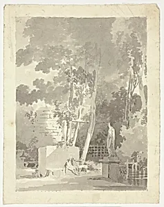 View of the Park at Versailles: Two Figures on a Bench in a Clearing, Female Statue Nearby