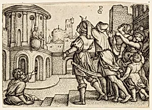 Virgil the Magician Hanging in the Basket by Georg Pencz