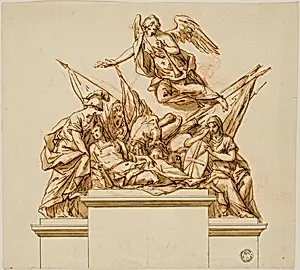 Warrior Accompanied by Britannia, Minerva, and Fame (recto); Design for the Monument to Nicholas Rowe (verso)