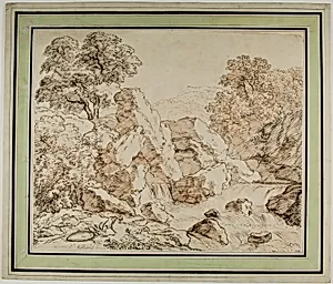Warrior and Dog Resting by Rocky Rapids