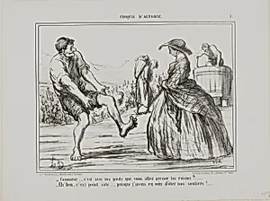 “- What? you are pressing the grapes with your feet?… - Sure, and it's not dirty at all… since I took off my shoes!,” plate 1 from Croquis D'automne by Honoré-Victorin Daumier