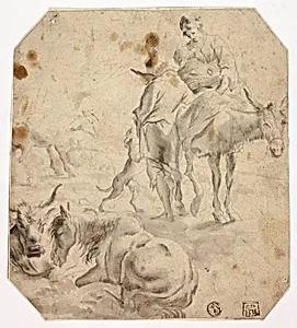 Woman and Child on Donkey, Man, Dogs, Horses