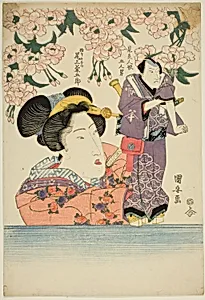 Woman holding puppet of actor Onoe Kikugoro III as Gokuin Sen'emon