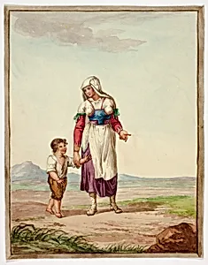 Woman in Native Costume with Boy on Road