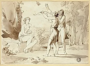Woman Shooting an Arrow, with Two Companions
