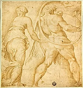 Woman Turning Left; Male Nude Blowing Trumpet by Polidoro da Caravaggio