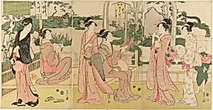 Women viewing dragon and tiger made of tobacco pouches