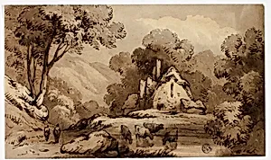 Wooded Landscape with Cottage Beside Pond with Standing Cows