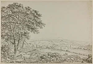 Wooded Pond with Bathing Figures, Vista of River Bridge, and Farms