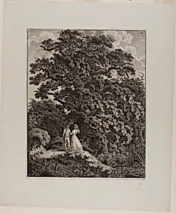Woodland Landscape with an Elegant Couple Walking Beneath an Oak