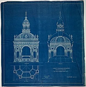 World's Columbian Exposition Cluett Coon & Co. Exhibition Pavilion, Chicago, Illinois, Plan, Elevation, and Section
