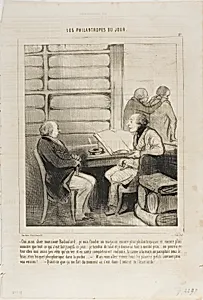 “- Yes, my dear Badoulard... I will open a department store even more philanthropic and greater than anything that existed up to now.... it will carry the complete set of articles at half price... someone can come in as naked as a new born baby and leave fully dressed, including cane, umbrella and cigarette lighter! - But then you will ruin all the small little shops in the neighborhood! - What do I care, as long as its all done in the name of humanity!, plate 27 from Les Philantropes Du Jour