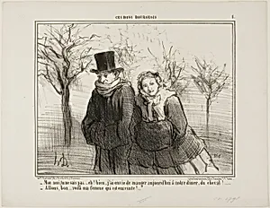 “- You know my dear, you'll never believe this, but I think I would love to have some horse-meat for dinner tonight! - There we go.... my wife must be pregnant!,” plate 1 from Ces Bons Bourgeois by Honoré-Victorin Daumier