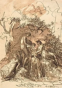 Young Girls at a Fountain (recto); Fragment of Sketch of Legs (verso) by Johann Christian Reinhart