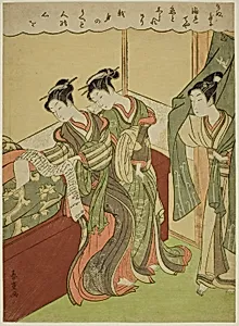 Young Man Walks in as Two Courtesans Read Love Letter
