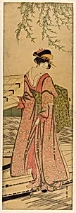 Young woman stepping out of a boat by Utagawa Toyohiro